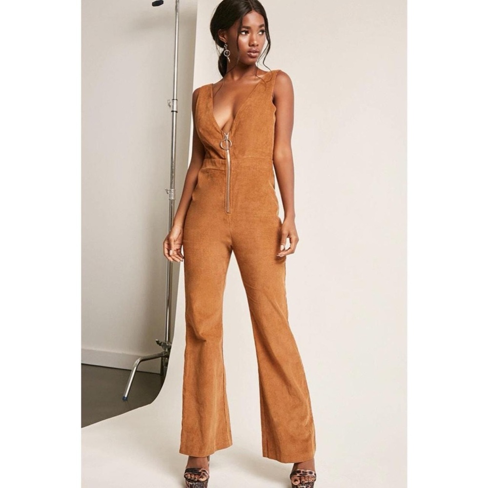 Emory Park Corduroy Wide-Leg Brown Jumpsuit V-Neck O-Ring Zipper Small Boho Fall